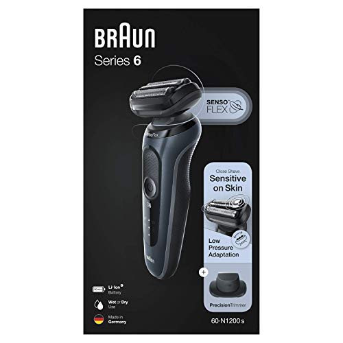 Braun Series 6 60-N1200s Afeitadora Eléctrica, máquina de afeitar barba hombre de Lámina, Con Recortadora De Precisión, Uso En Seco Y Mojado, Recargable, Inalámbrica, Gris