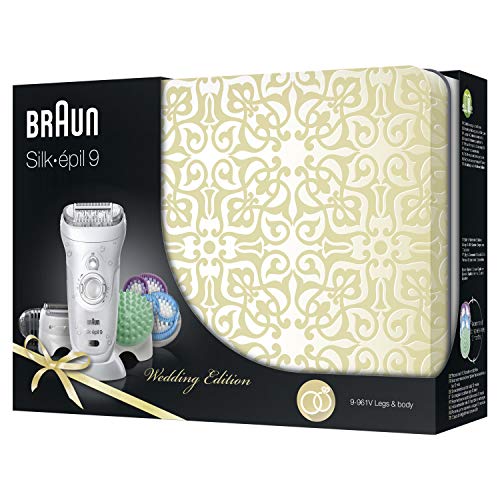 Braun Silk-épil 9 SkinSpa 9-961V - Depiladora para mujer eléctrica, sistema de exfoliación y cuidado de la piel 4 en 1 + 12 accesorios, oro rosa/blanco