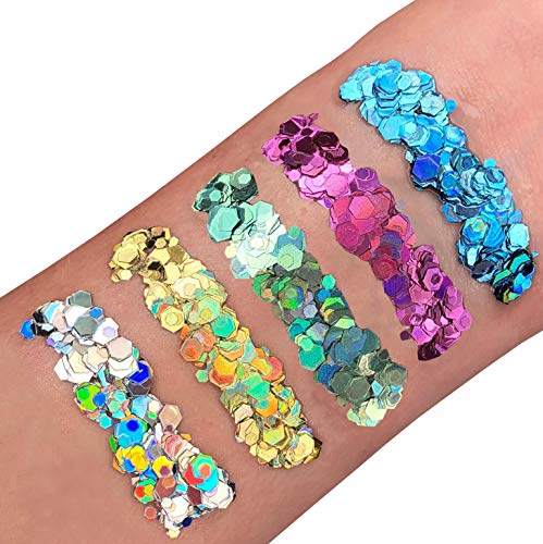 Brillo Holográfico Grueso por Moon Glitter – 100% Brillo Cosmético para la Cara, Cuerpo, Uñas, Cabello y Labios - 3g - Set de 5 colores