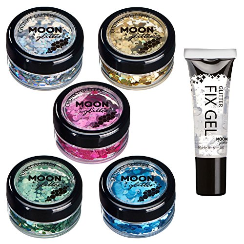 Brillo Holográfico Grueso por Moon Glitter – 100% Brillo Cosmético para la Cara, Cuerpo, Uñas, Cabello y Labios - 3g - Set de 5 colores