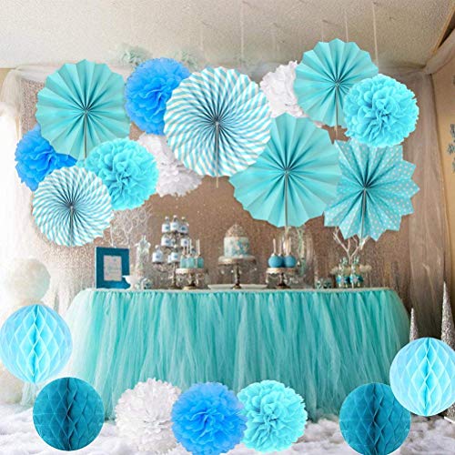 BUYGOO 9 Piezas Pompones de Papel decoración + 6 Piezas Bola de Nido + 6 Piezas Abanicos de Papel Plegables Flores Decoracion Cumpleaños/Boda/Nacimiento/Navidad (Azul Zarco y Blancas)