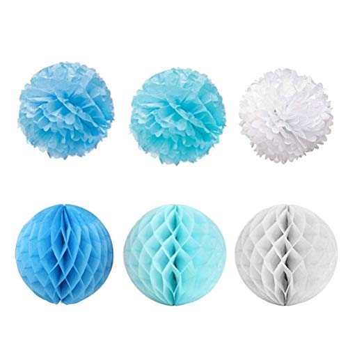 BUYGOO 9 Piezas Pompones de Papel decoración + 6 Piezas Bola de Nido + 6 Piezas Abanicos de Papel Plegables Flores Decoracion Cumpleaños/Boda/Nacimiento/Navidad (Azul Zarco y Blancas)