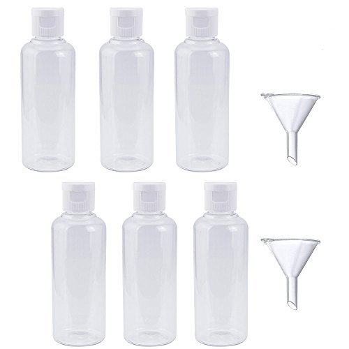 BUZIFU Botellas de Viaje, 6 Piezas Botes Viaje con 2 Mini Embudos para Rellenar Líquidos o Cosméticos(100 ML), Crema/Champú, Botes Transparentes, para un Viaje de Una Semana o Más