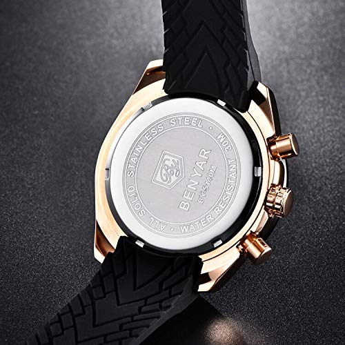 BY BENYAR Stylish Watches Men Analogue Quartz Waterproof Watch Stainless Rubber Strap Chronograph Wrist Watch for Men Casual Business Men's Watches Best Gift for Men…