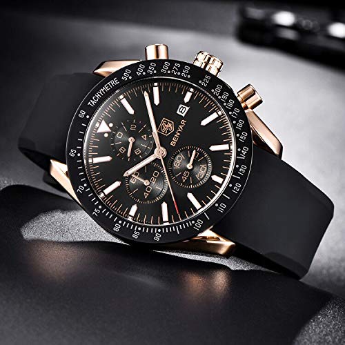 BY BENYAR Stylish Watches Men Analogue Quartz Waterproof Watch Stainless Rubber Strap Chronograph Wrist Watch for Men Casual Business Men's Watches Best Gift for Men…