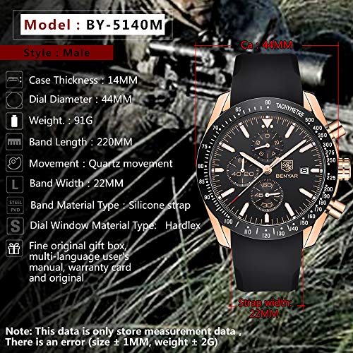 BY BENYAR Stylish Watches Men Analogue Quartz Waterproof Watch Stainless Rubber Strap Chronograph Wrist Watch for Men Casual Business Men's Watches Best Gift for Men…