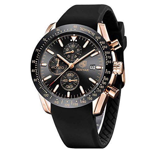 BY BENYAR Stylish Watches Men Analogue Quartz Waterproof Watch Stainless Rubber Strap Chronograph Wrist Watch for Men Casual Business Men's Watches Best Gift for Men…