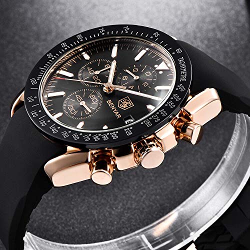 BY BENYAR Stylish Watches Men Analogue Quartz Waterproof Watch Stainless Rubber Strap Chronograph Wrist Watch for Men Casual Business Men's Watches Best Gift for Men…