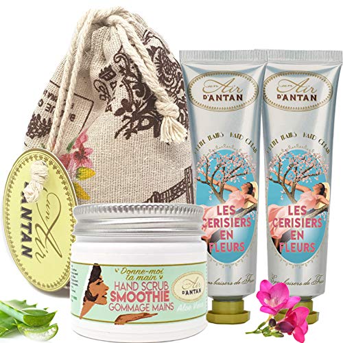 Caja Regalo Mujer/Un Air D’Antan®/ FLORO DE CEREZO - 1 Exfoliante Manos 50ml, 2 Cremas Manos Francesas/Preciosa Bolsa De Yute/Floro De Cerezo & Fresia 2x25 Ml/Set Regalo Mujer/Regalos Originales