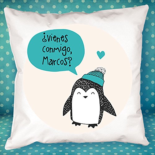 Calledelregalo Cojín Personalizado pingüino Azul - Regalo Original y Divertido para el cumpleaños de un Amigo, tu Pareja en vuestro Aniversario, Navidad, Día de la Madre, Día del Padre.