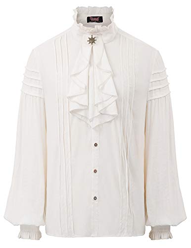 Camisa de Hombre Manga Larga con Cuello Jabot Polsioni Volant Steampunk Renaissance Blanco S