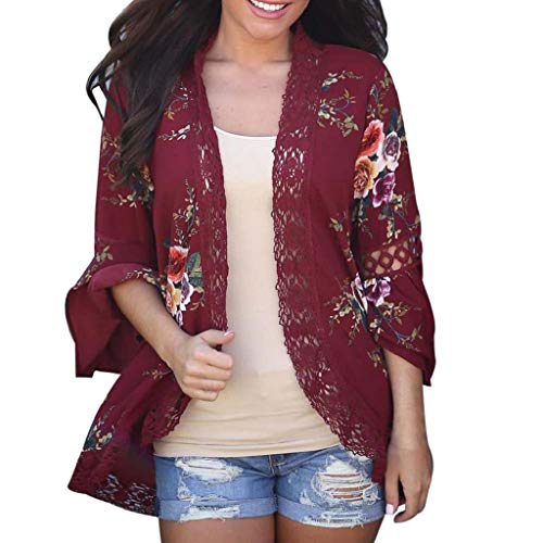 Cardigans Mujer Flores 2019 Nuevo SHOBDW Pareos Casual Cardigans Mujer Kimono Manga 3/4 Tops Blusa Camisa de Protección Solar Verano Cover Up Playa Mujer(Rojo,L)