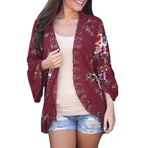 Cardigans Mujer Flores 2019 Nuevo SHOBDW Pareos Casual Cardigans Mujer Kimono Manga 3/4 Tops Blusa Camisa de Protección Solar Verano Cover Up Playa Mujer(Rojo,L)