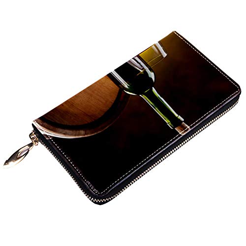 Cartera con cremallera alrededor y embrague de teléfono, botella de vino, barricas de cristal y roble ilustración cartera de viaje de piel tipo embrague para tarjetas, cartera