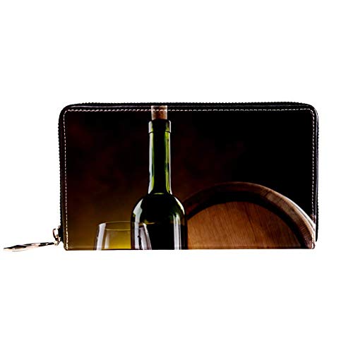 Cartera con cremallera alrededor y embrague de teléfono, botella de vino, barricas de cristal y roble ilustración cartera de viaje de piel tipo embrague para tarjetas, cartera