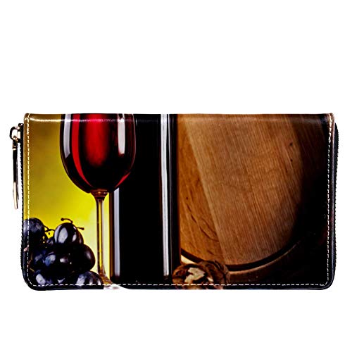 Cartera con cremallera alrededor y embrague de teléfono, botella de vino, barricas de cristal y roble ilustración cartera de viaje de piel tipo embrague para tarjetas, cartera