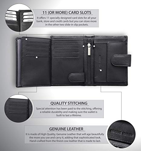 Cartera Hombre Piel Negra Vertical - Certificado RFID NFC Bloqueo Monedero Caballero (Negro)