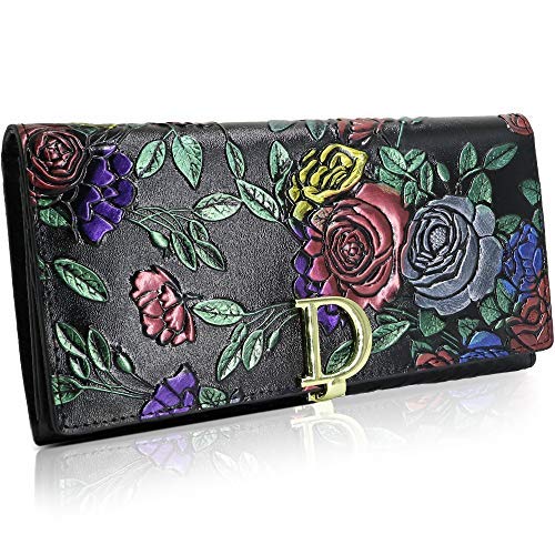 Carteras Mujer Grandes, XBoze Lujo 3D Estereoscópico Rose Pattern Monederos Mujer Cuero Billeteras Mujer con 16 Ranuras para Tarjetas y Cremallera de Bolsillo para Carteras Piel Mujer (Negro)