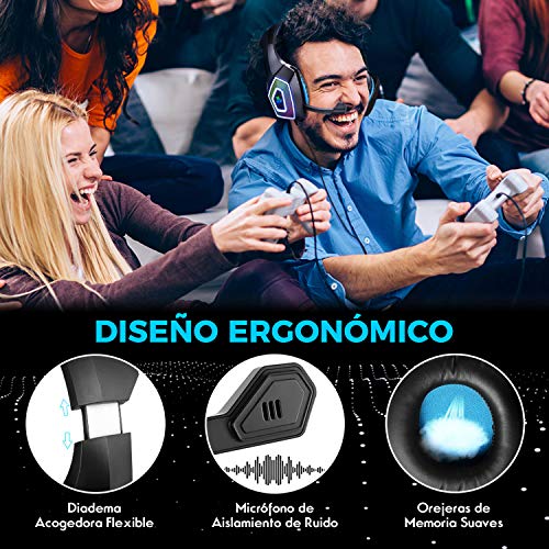 Cascos Gaming, Auriculares Gaming PS4 con Microfono para PC Xbox One Switch Tablet Cascos Gamer Estéreo y Cancelació de Ruido, Auricular Diadema con Luz LED RGB 3.5mm Jack y Orejeras Suaves de Memoria