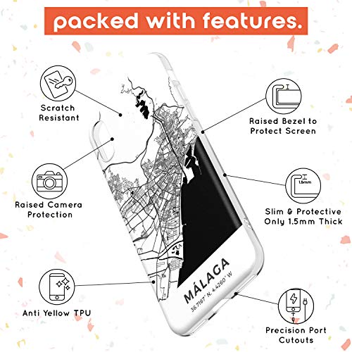 Case Warehouse Mapa de Málaga, España Slim Funda para iPhone XS MAX TPU Protector Ligero Phone Protectora con Viaje Pasión De Viajar Europa Ciudad Calles