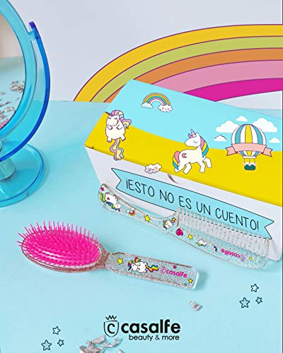 Cepillo detangler + peine Casalfe Unicornios y brilli brilli - resistente al secador, Transparente con purpurina (3466)