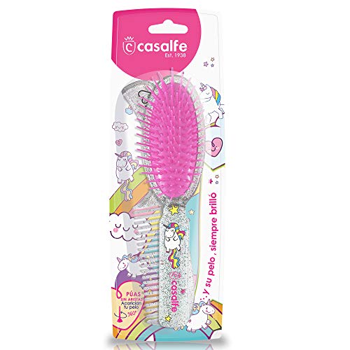 Cepillo detangler + peine Casalfe Unicornios y brilli brilli - resistente al secador, Transparente con purpurina (3466)