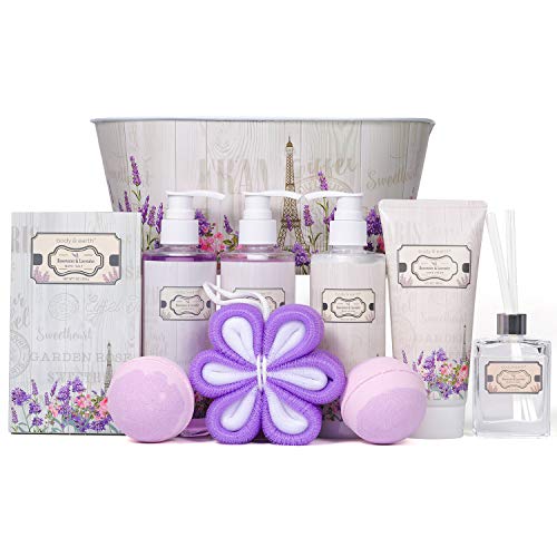 Cesta de Regalo de Spa para Mujer - Body&Earth Cesta de Regalo de 10 Piezas a Rosa y Lavanda, Incluye Gel de Ducha, Bomba de Baño, Loción Corporal, Baño de Burbujas, Crema de Manos, Set de Regalo