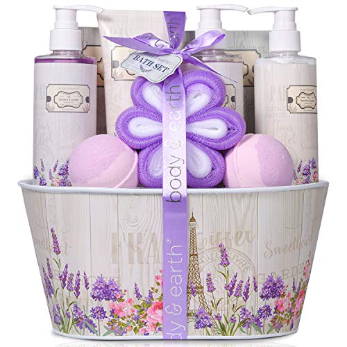 Cesta de Regalo de Spa para Mujer - Body&Earth Cesta de Regalo de 10 Piezas a Rosa y Lavanda, Incluye Gel de Ducha, Bomba de Baño, Loción Corporal, Baño de Burbujas, Crema de Manos, Set de Regalo