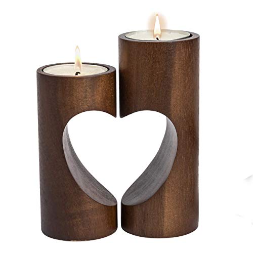 ChasBete Romantic Tea Light Candeleros Decorativos, Portavelas Tealight de Madera Juego de 2 pedestales de corazón Unity para decoración del hogar