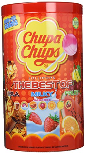 Chupa Chups - Caja de 100 caramelos, surtido: sabores aleatorios (Cola, fresa-nata, sandía, fresa, naranja, limón y cereza) [Modelo antiguo]