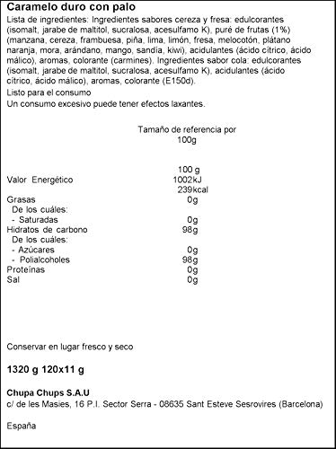 Chupa Chups Sin Azúcar, Caramelo con Palo de Sabores Variados, Rueda de 120 unidades de 11 gr. (Total 1.320 gr.)