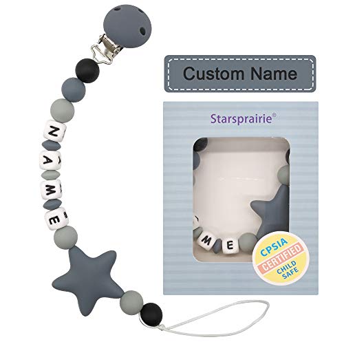 Chupetero Mordedor Personalizado con Nombre Niño Bebe Chupetero Cadena Pinza Silicona Soothie Clip Chupete Chicas (Gris)