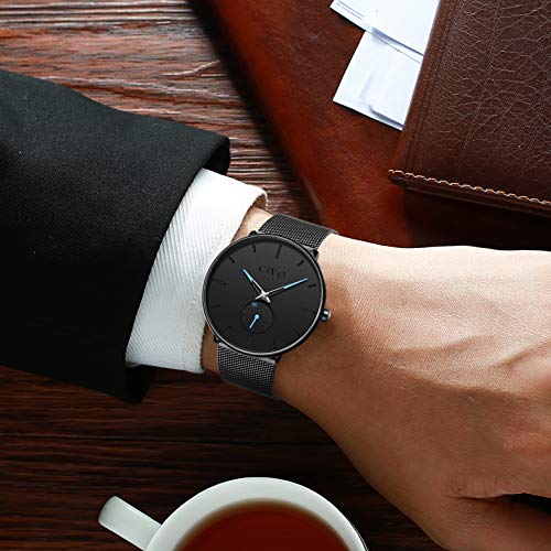 CIVO Reloj Negro Ultra Fino para Hombre Minimalista Moda Relojes de Pulsera para Hombres Vestir Casual Impermeable Reloj de Cuarzo para Hombre con Banda Negro de Acero Inoxidable (1 Negro)