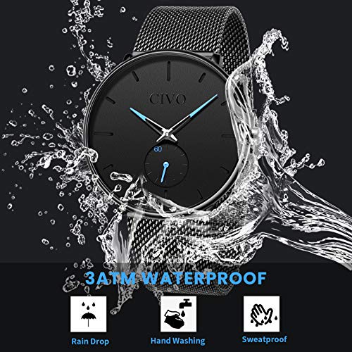 CIVO Reloj Negro Ultra Fino para Hombre Minimalista Moda Relojes de Pulsera para Hombres Vestir Casual Impermeable Reloj de Cuarzo para Hombre con Banda Negro de Acero Inoxidable (1 Negro)