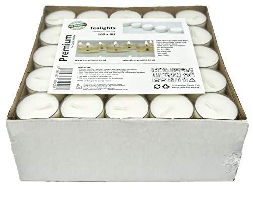 Coraz Home Premium Velas de té de 4 Horas de Tiempo de combustión Larga in Copa Transparente, Color Blanco sin Perfume, Paquete de 100 Velas nocturnas de Cera de Colza (Transparente)