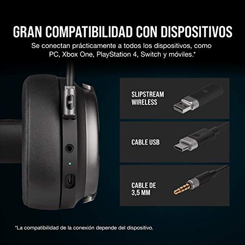 Corsair Virtuoso RGB Wireless SE Auriculares Alta Fidelidad Gaming (Sonido Envolvente 7.1, Micrófono Omnidireccional con Calidad de Transmisión para PC, Xbox One, PS4, Switch y Móviles) Gris