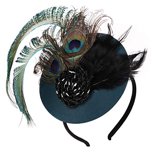 Coucoland Fascinator Pillbox Hat Plumas Malla Velo Fascinador Flor Clip Tocado Sombrero de Novia Boda Iglesia Derby Sombreros de Carrera Sombreros 1920s Flapper Hat Pavo real 4 Talla única