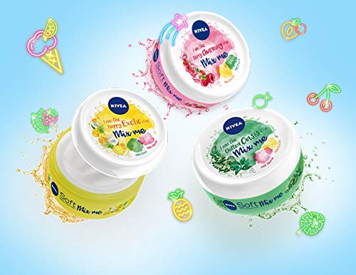 Crema hidratante Nivea Soft Mix Me Happy Exotic, 8 envases de 100 ml, crema para la piel con sabor a fruta, para mezclar con Berry Charming y Chilled Oasis