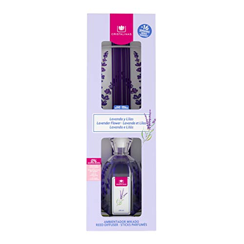 CRISTALINAS. Ambientador Mikado Clásico. Difusor con Varillas de ratán. Formula sin Alcohol. Máxima duración, más de 16 semanas. 180ml de Capacidad. Aroma Lavanda y Lilas