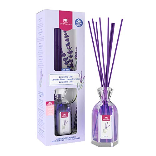 CRISTALINAS. Ambientador Mikado Clásico. Difusor con Varillas de ratán. Formula sin Alcohol. Máxima duración, más de 16 semanas. 180ml de Capacidad. Aroma Lavanda y Lilas