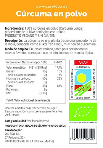 Cúrcuma en Polvo 100% Orgánica 500gr Carefood | Ecológica Procedente de la India | Superalimento Ecológico