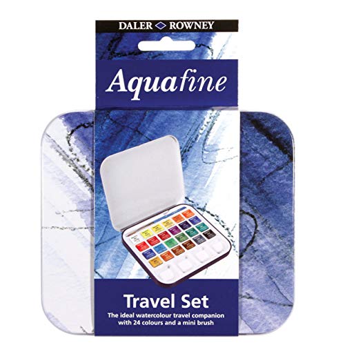 Daler Rowney Set Metálico de Viaje de Acuarela Aquafine, con 24 Colores (24 Medio Godets) y Pincel, multicolor (D131900924)