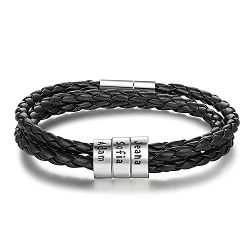 DaMei Personalizada Pulseras para Hombre Cuero con Nombre para Familia Pareja Brazalete Plata Hombre Mujer Pulsera de España - Ideas Regalo para Hombre da Cumpleaños Aniversario