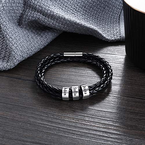 DaMei Personalizada Pulseras para Hombre Cuero con Nombre para Familia Pareja Brazalete Plata Hombre Mujer Pulsera de España - Ideas Regalo para Hombre da Cumpleaños Aniversario