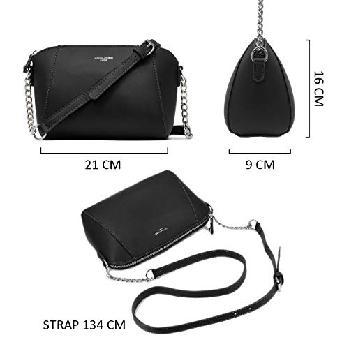 David Jones - Pequeño Bolso Bandolera Mujer - Bolsos de Hombro Cruzados Cadena Cuero PU - Mensajero Clutch Embrague Noche - Messenger Crossbody Bag - Pochette Piel Cremallera Elegante - Negro