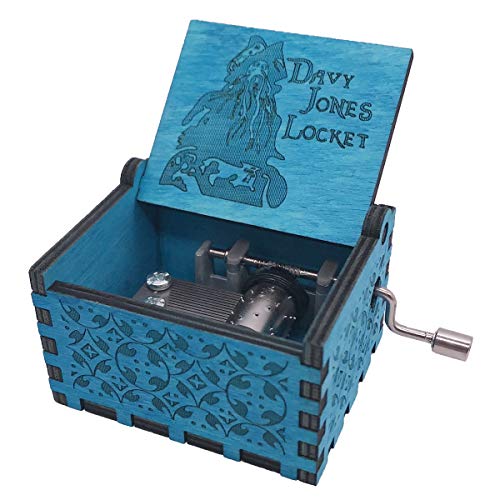 Davy Jones Locket Caja de música de manivela de mano Caja musical tallada de madera, tema de Davy Jone, azul