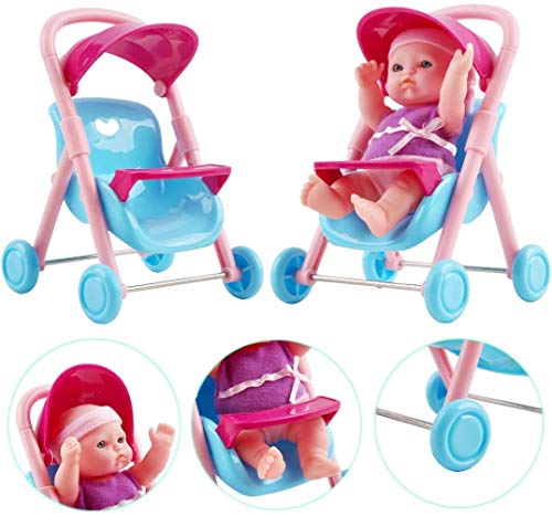 deAO Colección de Muñecas Bebé Tamaño Mini (13cm) y Accesorios Conjunto Incluye 8 Muñecas, Bañera, Trona, Carrito, Cuna, Andador y Más