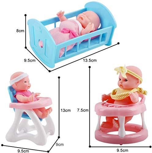 deAO Colección de Muñecas Bebé Tamaño Mini (13cm) y Accesorios Conjunto Incluye 8 Muñecas, Bañera, Trona, Carrito, Cuna, Andador y Más