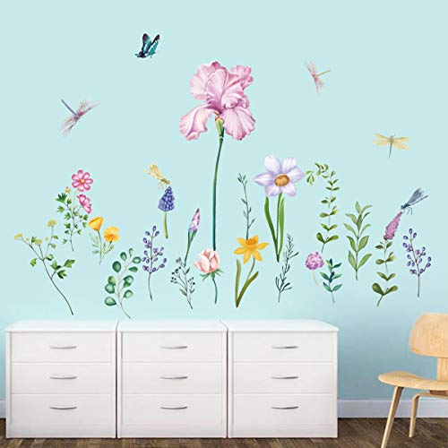 decalmile Pegatinas de Pared Jardín Flor Vinilos Decorativos Narciso Iris Floral Libélula Adhesivos Pared Dormitorio Salón Televisión Pared Hogar Decoración