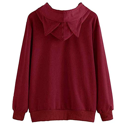 DEELIN OtoñO E Invierno De Las Mujeres Orejas De Gato De Manga Larga Sudadera con Capucha Sudadera con Capucha SuéTer SuéTer Camisa Vino Rojo/Negro (L, Rojo)